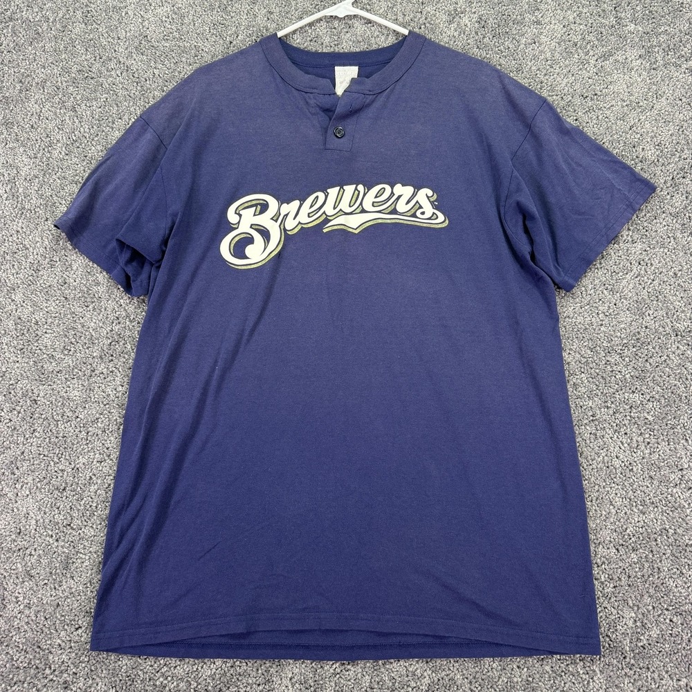 Vintage Milwaukee Brewers Shirt Mens XL Blue MLB Baseball Majestic Henley 90s